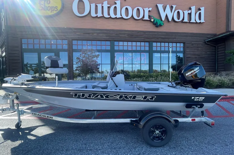 The Image of 2027 Tracker Bass Tracker 175 CC boat displayed outside Outdoor World store. - 0