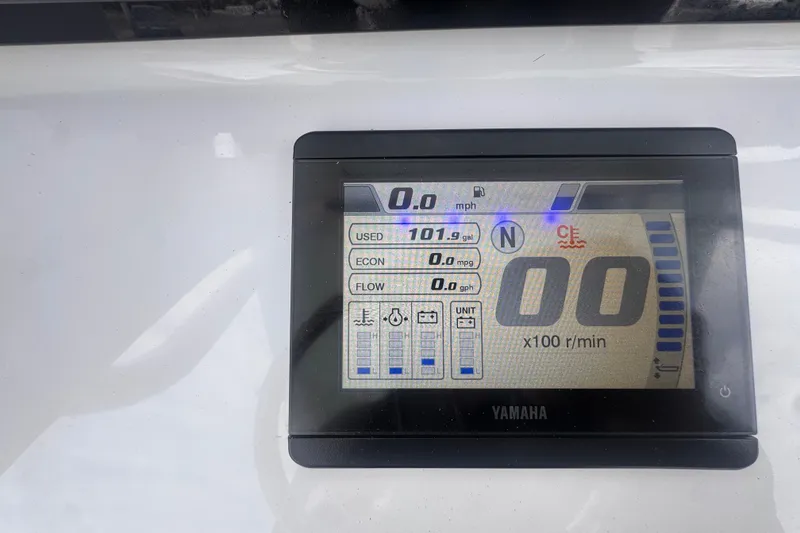 Slide: The Image of Yamaha display on 2024 Sea Hunt Escape 25 showing speed, fuel usage, and engine metrics. - 30