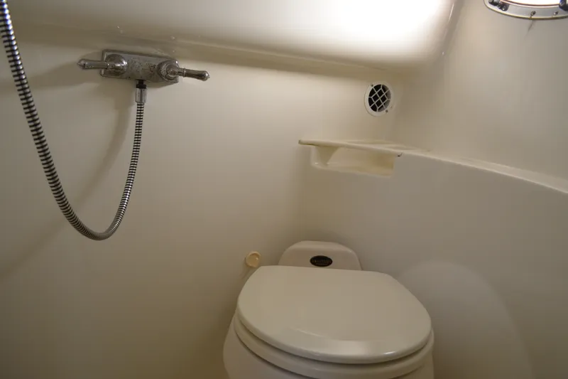 Slide: The Image of 2002 Formula 37 Performance Cruiser bathroom with toilet and showerhead. - 63
