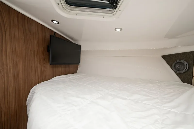Slide: The Image of The 2019 Everglades 350LX cabin features a cozy bed, wood paneling, and a mounted TV. - 26