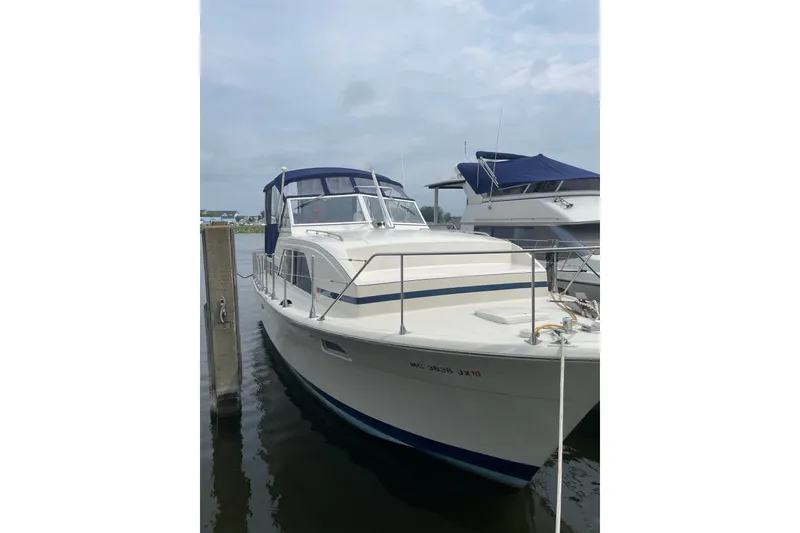 Slide: The Image of 1974 Chris-Craft 350 Catalina boat docked, featuring a classic design and blue accents. - 2
