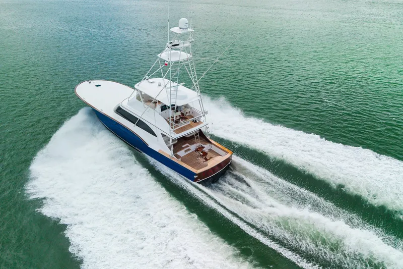 Slide: The Image of Aerial view of 2008 B&D Convertible yacht cruising on open water. - 5