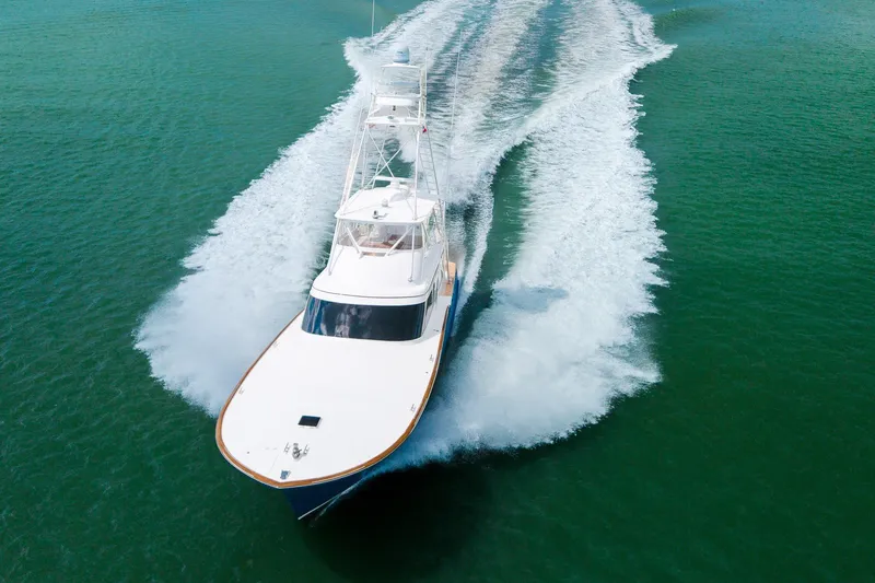 Slide: The Image of Aerial view of 2008 B&D Convertible yacht cruising on open water. - 1
