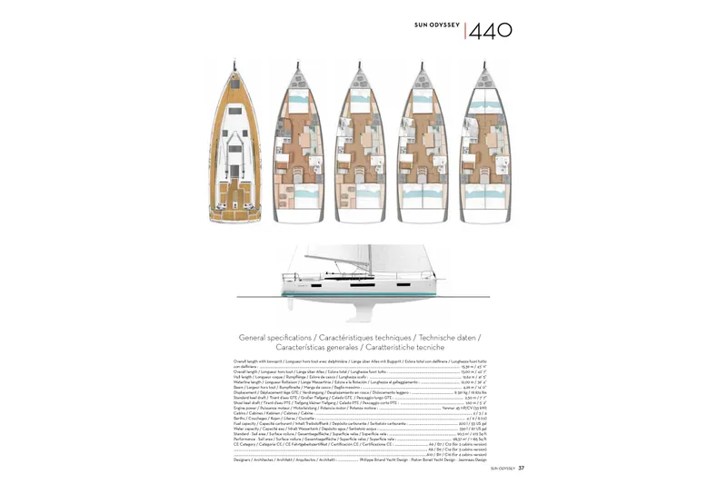 Slide: The Image of Floor plans and side view of 2023 Jeanneau Sun Odyssey 440 sailboat. - 1