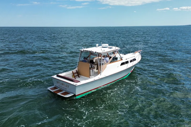 Slide: The Image of 1999 Fortier Express 33 boat cruising on open water under a clear sky. - 7