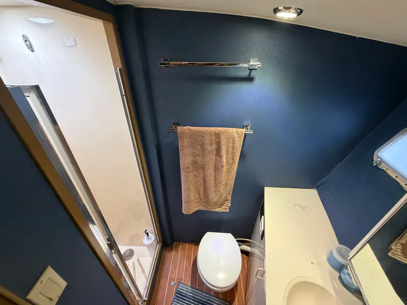 Slide: The Image of The bathroom of a 1991 Hatteras 52 Cockpit Motor Yacht with shower, toilet, and sink. - 47