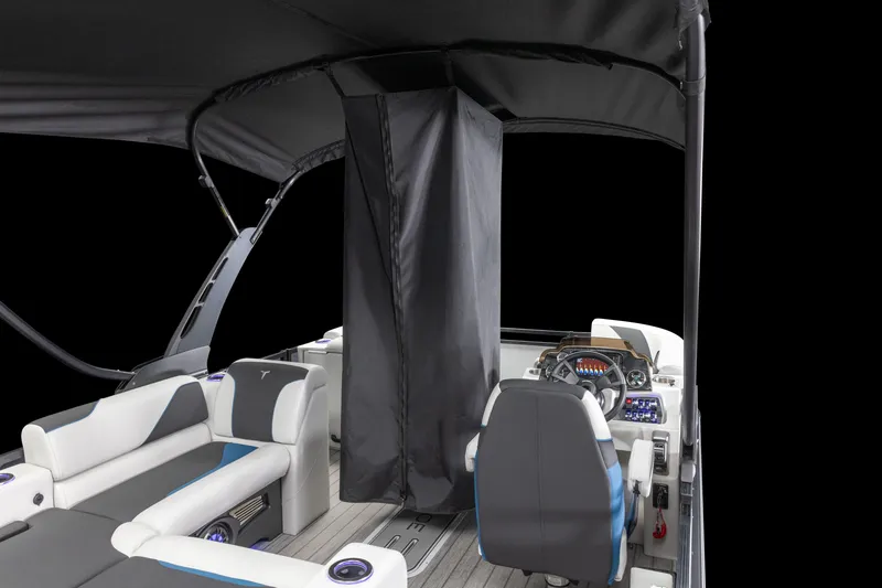 Slide: The Image of 2026 Tahoe Pontoon Sport 85 Versatile Rear Bench interior with modern seating and controls. - 5