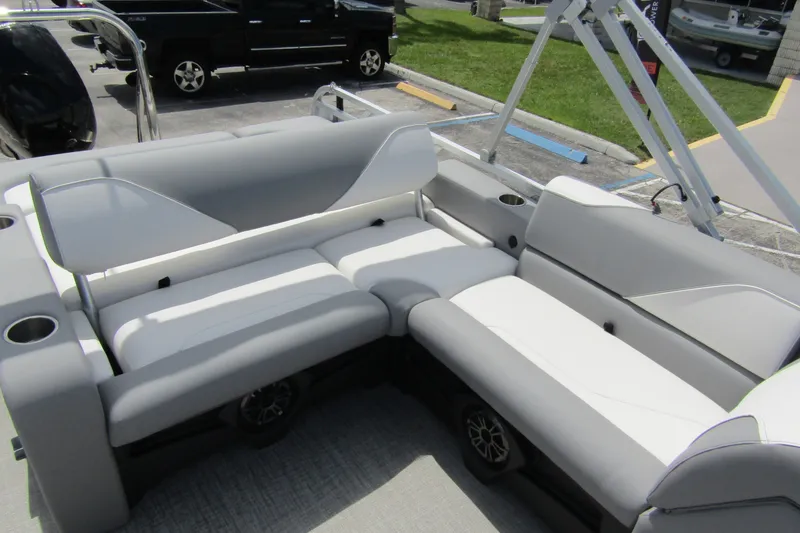 Slide: The Image of 2026 Tahoe Pontoon Sport 85 Versatile Rear Bench with gray and white seating. - 24