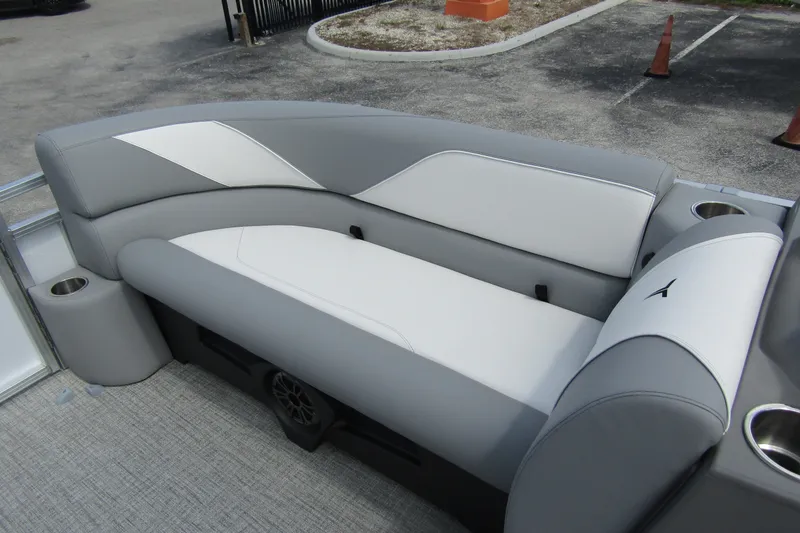 Slide: The Image of 2026 Tahoe Pontoon Sport 85 Versatile Rear Bench with sleek gray and white upholstery. - 13