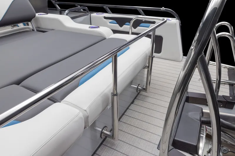 Slide: The Image of 2026 Tahoe Pontoon Sport 85 Versatile Rear Bench with sleek seating and stainless steel railings. - 3