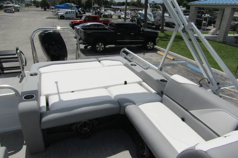 Slide: The Image of 2026 Tahoe Pontoon Sport 85 Versatile Rear Bench with spacious seating and modern design. - 23