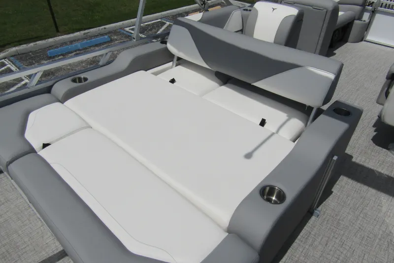 Slide: The Image of 2026 Tahoe Pontoon Sport 85 Versatile Rear Bench with gray and white seating. - 28