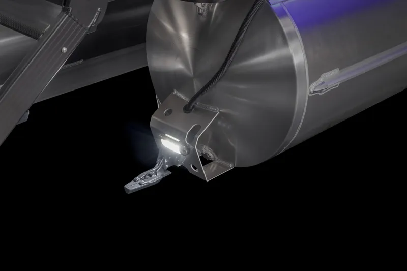 Slide: The Image of 2026 Tahoe Pontoon Sport 85 Versatile Rear Bench with illuminated pontoon detail. - 7