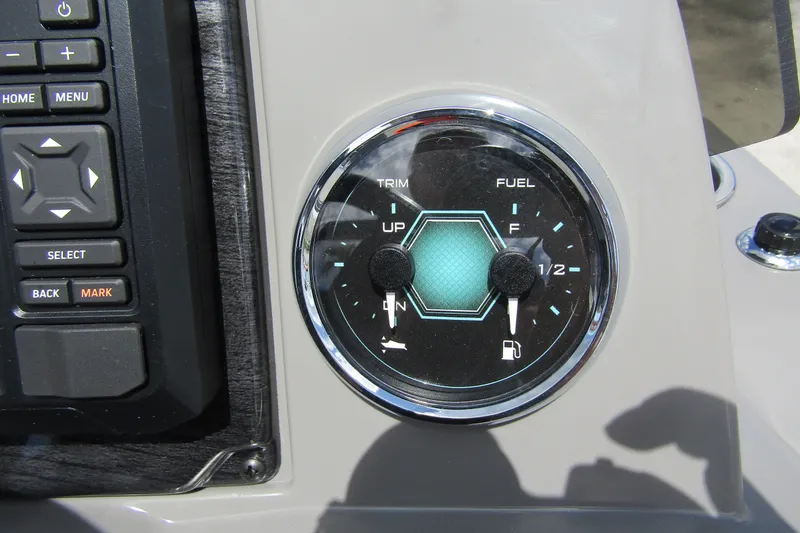 Slide: The Image of Dashboard controls of 2026 Tahoe Pontoon Sport 85 Versatile Rear Bench boat. - 21