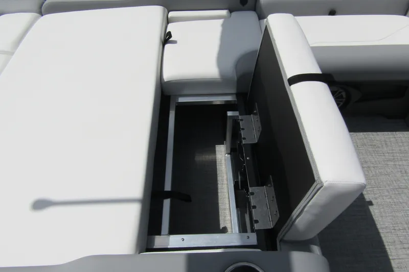 Slide: The Image of 2026 Tahoe Pontoon Sport 85 Versatile Rear Bench with open storage compartment. - 26
