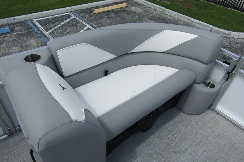 Slide: The Image of 2026 Tahoe Pontoon Sport 85 Versatile Rear Bench with gray and white upholstery. - 11