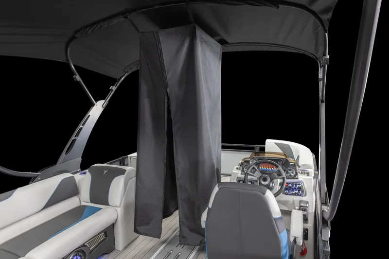 Slide: The Image of 2026 Tahoe Pontoon Sport 85 Versatile Rear Bench interior with helm and seating. - 6