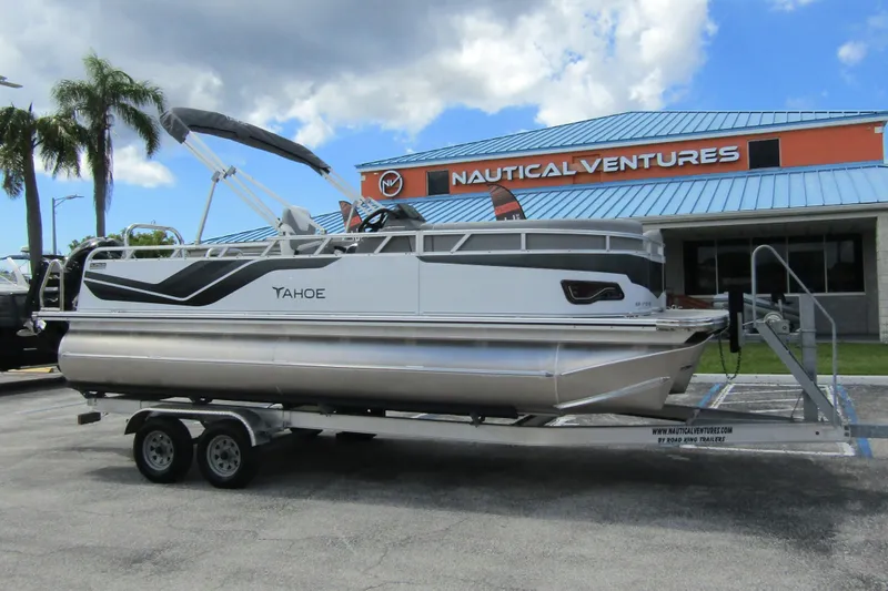 Slide: The Image of 2026 Tahoe Pontoon Sport 85 Versatile Rear Bench on trailer at Nautical Ventures. - 4
