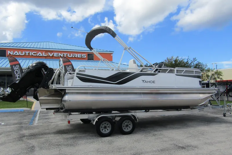 Slide: The Image of 2026 Tahoe Pontoon Sport 85 Versatile Rear Bench displayed at Nautical Ventures. - 2