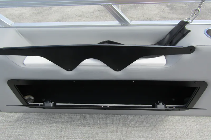 Slide: The Image of 2026 Tahoe Pontoon Sport 85 Versatile Rear Bench storage compartment detail. - 30