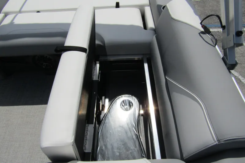 Slide: The Image of 2026 Tahoe Pontoon Sport 85 Versatile Rear Bench with open storage compartment. - 25