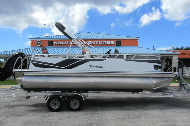 Slide: The Image of 2026 Tahoe Pontoon Sport 85 Versatile Rear Bench on trailer at Nautical Ventures. - 3