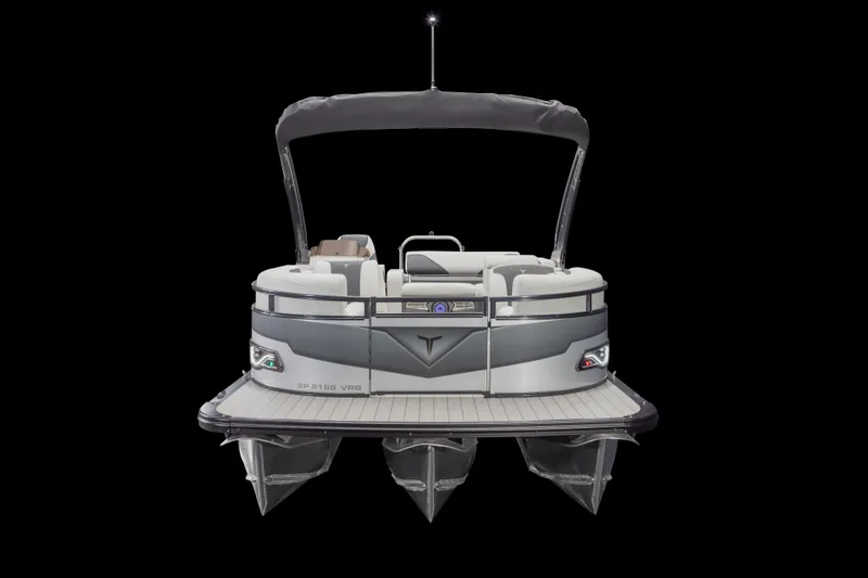 Slide: The Image of 2026 Tahoe Pontoon Sport 85 Versatile Rear Bench, sleek design, front view, black background. - 2