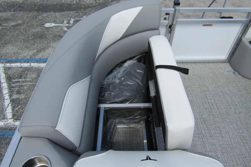 Slide: The Image of 2026 Tahoe Pontoon Sport 85 Versatile Rear Bench with storage compartment and sleek seating design. - 12