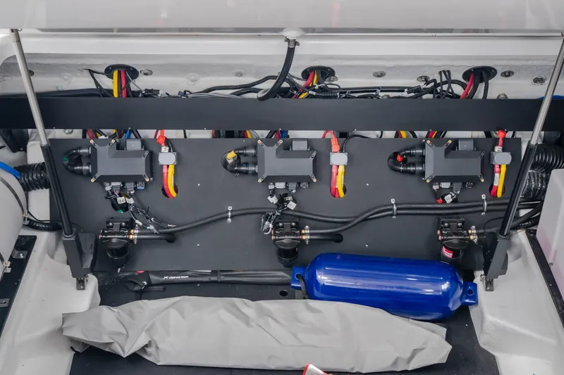 Slide: The Image of Engine compartment of 2025 Monterey 385SS Super Sport boat, showcasing wiring and components. - 59