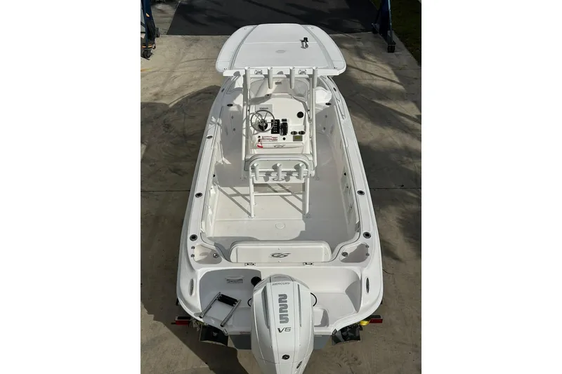 Slide: The Image of 2025 Glassream 240 CCX boat, top view, showcasing sleek design and spacious deck. - 11