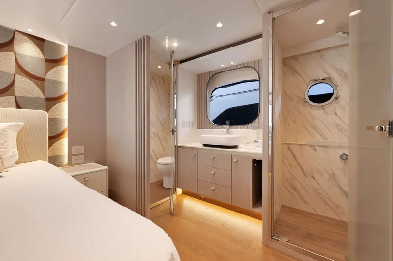 Slide: The Image of Luxurious bathroom interior of 2027 Absolute Navetta 62 yacht with modern design elements. - 46