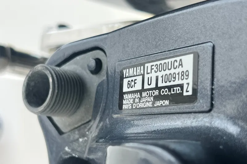 Slide: The Image of Close-up of Yamaha LF300UCA engine label on 2007 SeaVee 340B Open boat. - 12