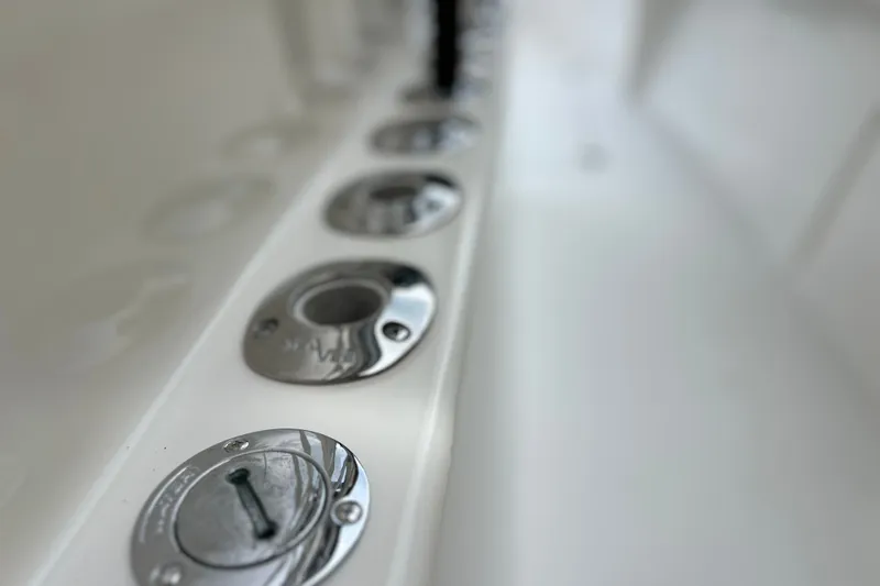 Slide: The Image of Close-up of stainless steel fittings on a 2007 SeaVee 340B Open boat. - 59