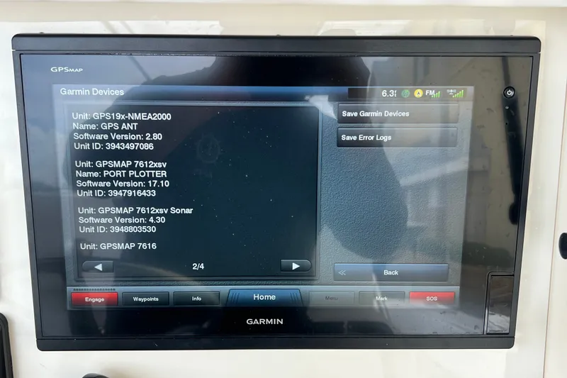 Slide: The Image of Garmin GPS display on 2007 SeaVee 340B Open boat, showing device information and software versions. - 35