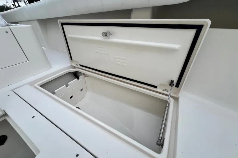 Slide: The Image of Open storage compartment on a 2007 SeaVee 340B Open boat, showcasing interior space. - 91