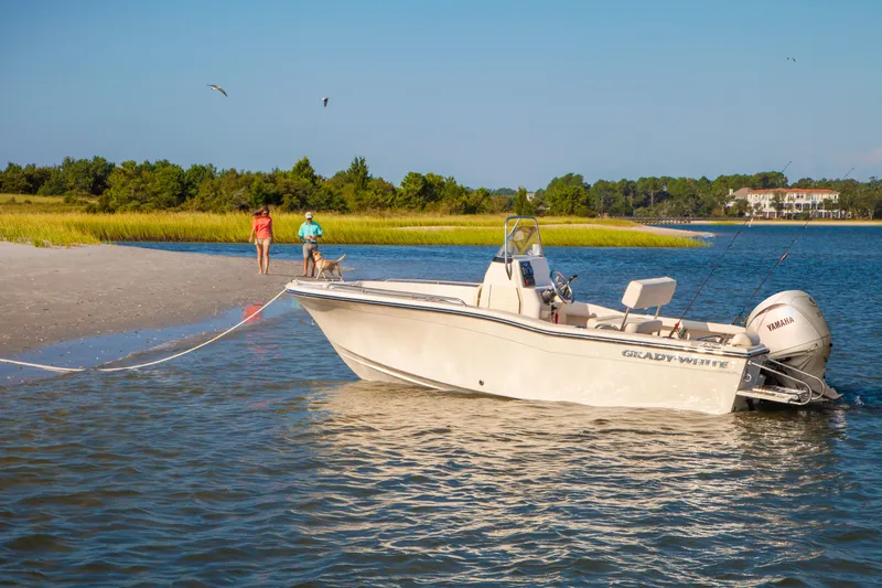 The Image of A 2027 Grady-White Fisherman 180 boat is docked at a calm beach shore. - 1