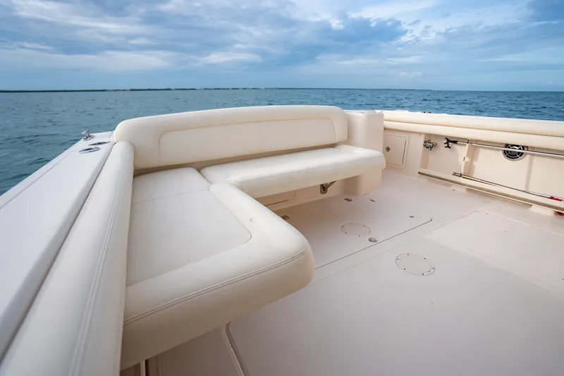 Slide: The Image of 2015 Grady-White Freedom 335 boat interior with spacious seating, ocean view. - 37