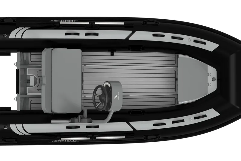 The Image of Das Bild zeigt ein Highfield Classic 360 Schlauchboot von oben. Es hat ein graues Deck und ein zentrales Steuerrad. - 1