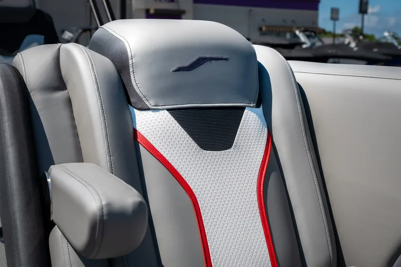 Slide: The Image of 2026 Evotti 725QL seat with modern design, featuring gray, white, and red accents. - 31