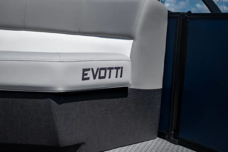 Slide: The Image of Evotti 725QL 2026 boat seat with logo, featuring sleek gray and white upholstery. - 37
