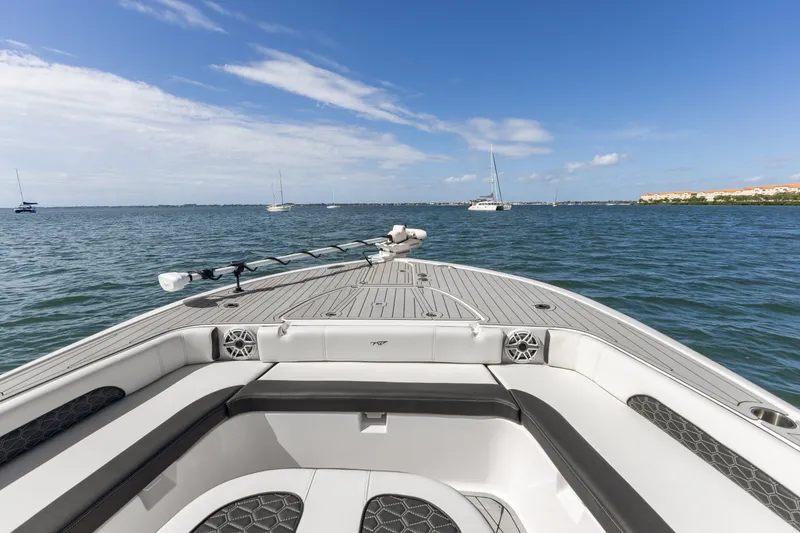 Slide: The Image of 2024 Tidewater 3100 Carolina Bay boat on open water, clear sky, and distant sailboats. - 44