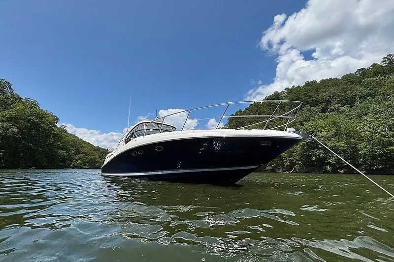 Slide: The Image of 2005 Sea Ray 390 Sundancer yacht anchored on a serene lake with lush greenery. - 3