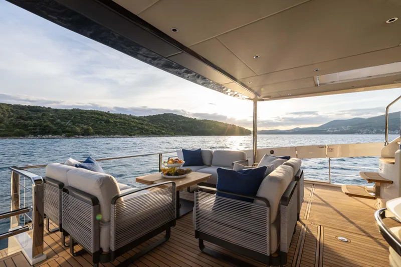 Slide: The Image of Luxurious deck of 2026 Absolute Navetta Co Ownership yacht with scenic ocean view. - 20