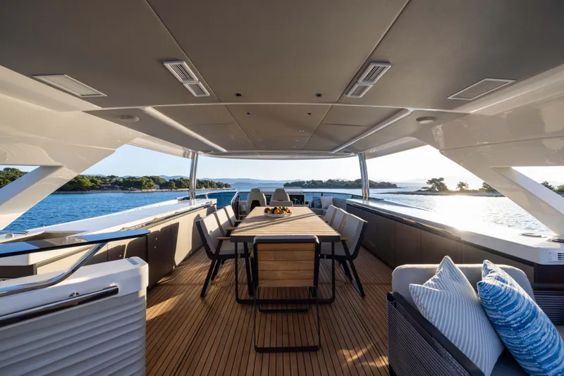 Slide: The Image of Luxurious 2026 Absolute Navetta Co Ownership yacht deck with elegant seating and scenic ocean view. - 23