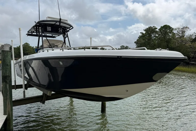 Slide: The Image of 1999 Blue Fin 260 Profish boat docked on a lift over water. - 3