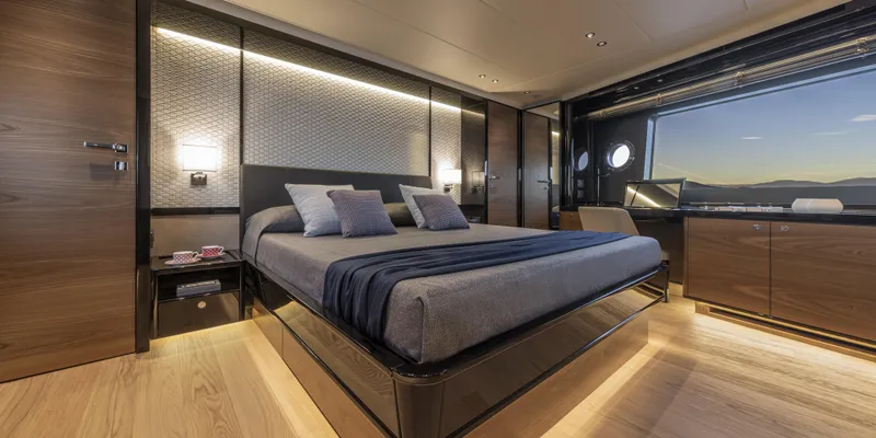 Slide: The Image of Luxurious bedroom interior of 2025 Absolute NAVETTA 75 yacht with modern design. - 29