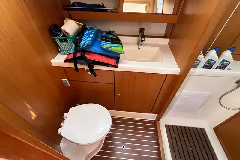 Slide: The Image of Bathroom interior of 2013 Bavaria Vision 46 yacht with sink and toilet. - 33