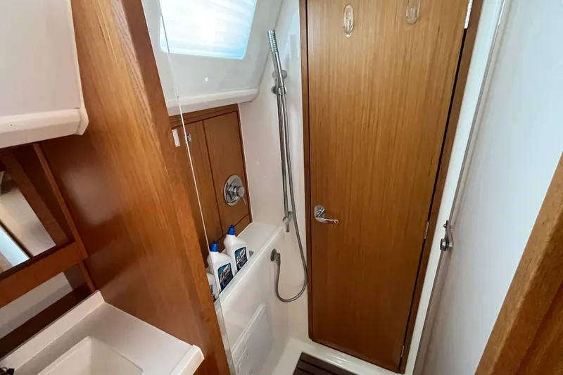 Slide: The Image of Bathroom interior of 2013 Bavaria Vision 46 yacht with wooden finishes and shower. - 40