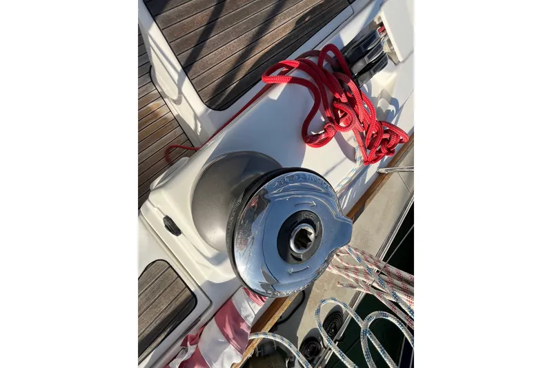 Slide: The Image of Deck of 2013 Bavaria Vision 46 sailboat with winch and red rope. - 6