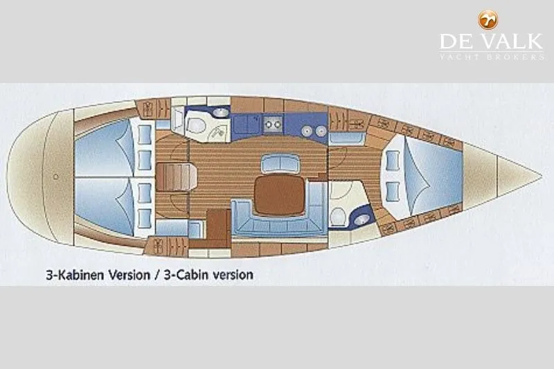Slide: The Image of Floor plan of a 2003 Bavaria Cruiser 44 yacht, featuring a three-cabin layout. - 41